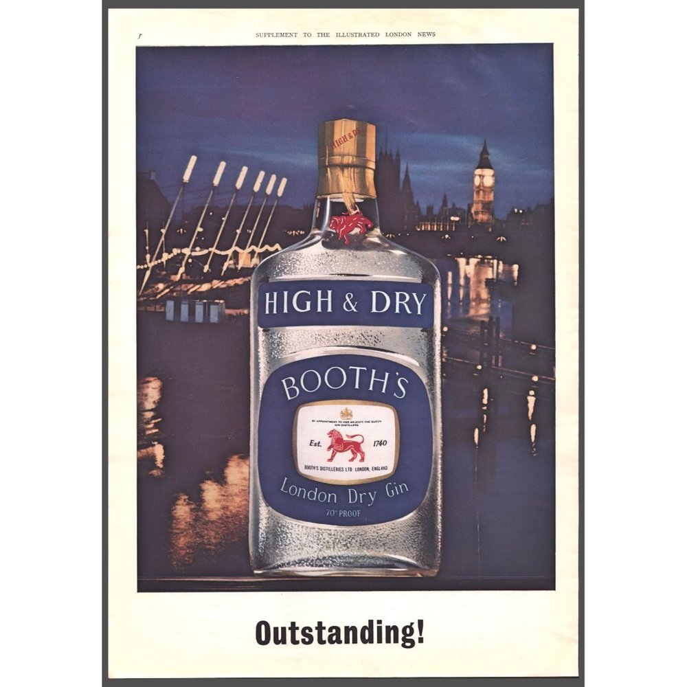 1960 Booth's London Dry Gin Vintage Print Ad Big Ben Thames Skyline Wall Art